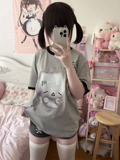 Gray Crewneck T-shirt Sighing with Print Cat Cotton