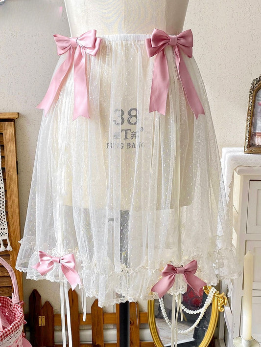White Version Short Lolita Bow Tulle Accents with Overlay Pink