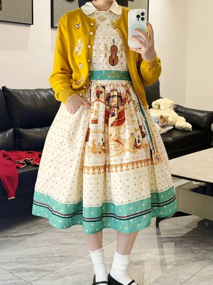 White Musical Print Overall Dress with Detachable Straps - Crucis Universal Tailor Company