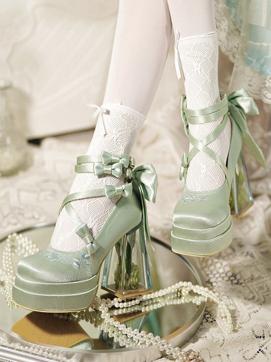 Green Camellia Flower High Block Heel Elegant Platform High Heels - Panda Lolita