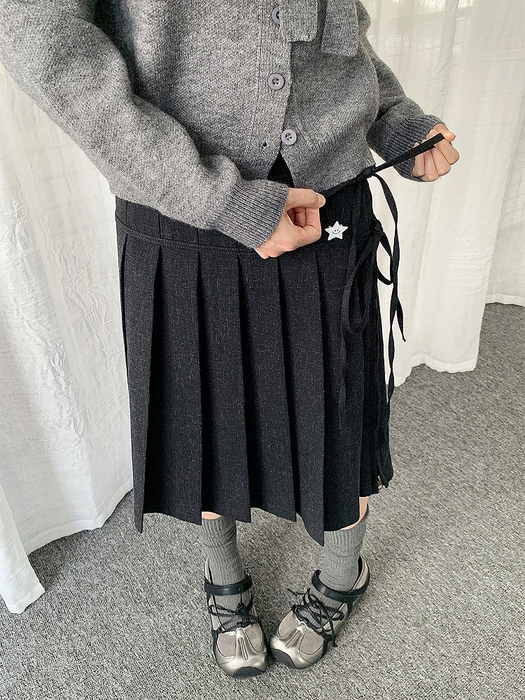 Self-tie Straps Skirt Pleated Grey Side-zip with