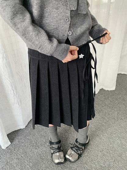 Self-tie Straps Skirt Pleated Grey Side-zip with