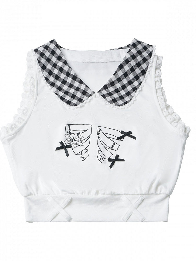 White Gingham Peter Pan Collar Tank with Cartoon Print - PINK SAVIOR