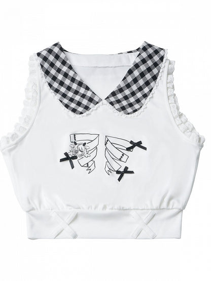White Gingham Peter Pan Collar Tank with Cartoon Print - PINK SAVIOR
