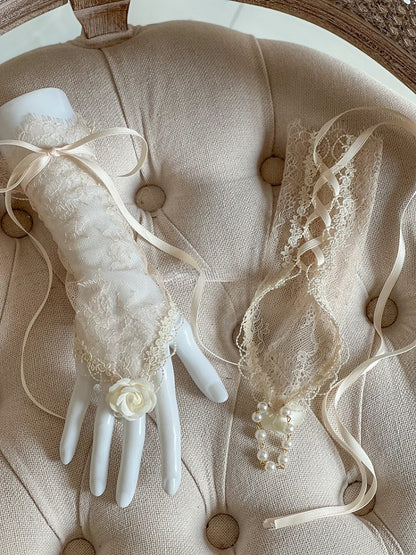 with Flower Black/Apricot/White Lace Wrist Gothic Bead Cuffs and