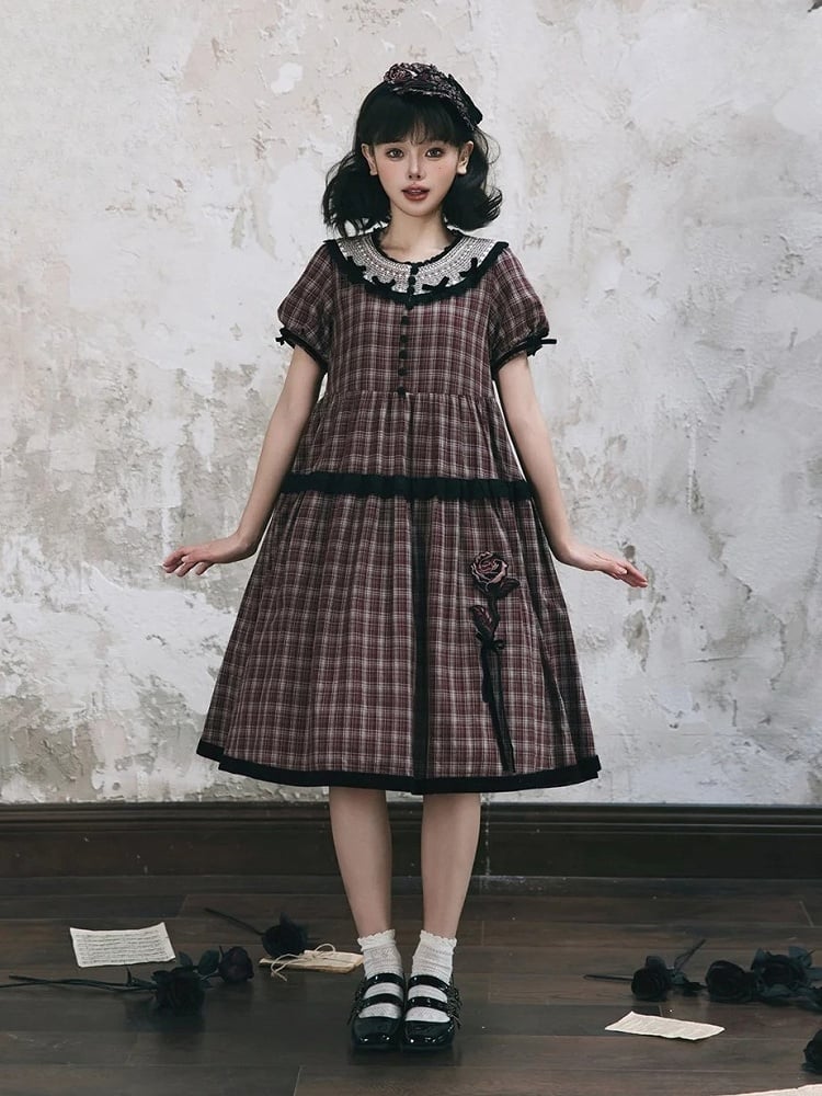 Black Plaid Dress Rose Trim Red Classic Elegant Lolita with Embroidery Short and Sleeves
