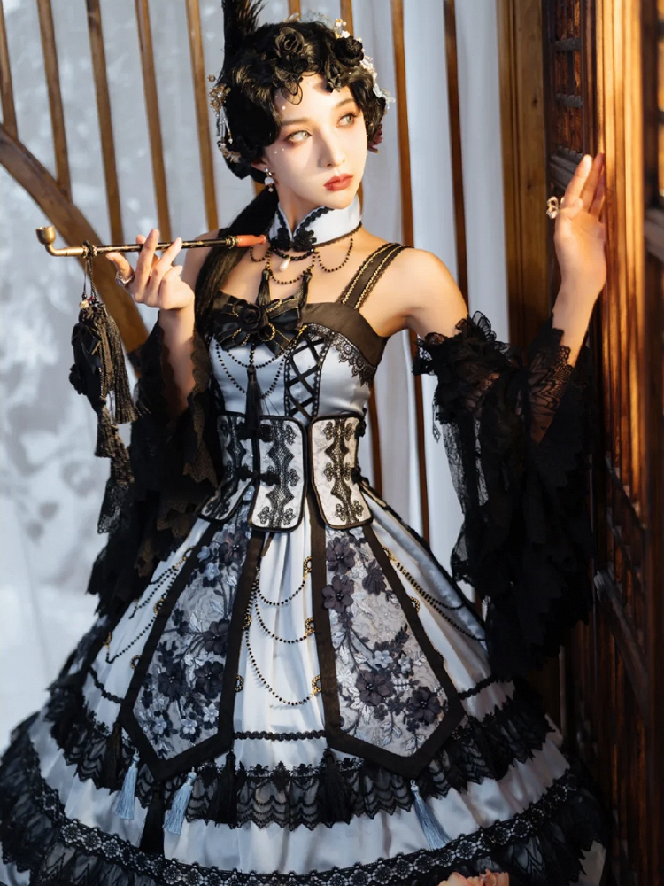 Blue and Black Elegant Chinoiserie Style Dress + Boned Corset Belt + Tassels Overlay Qi Lolita JSK Set