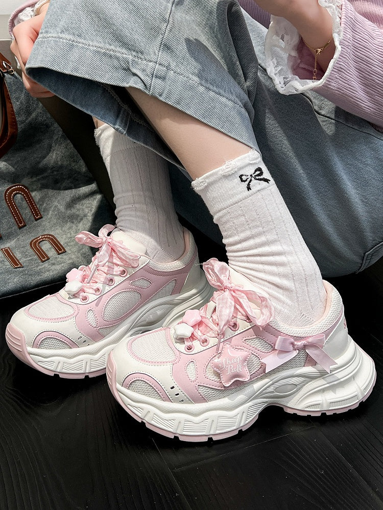 Design - Pink Lolita Platform Sneakers Lace-Up Star with Sweet Accents White Bow Plaid