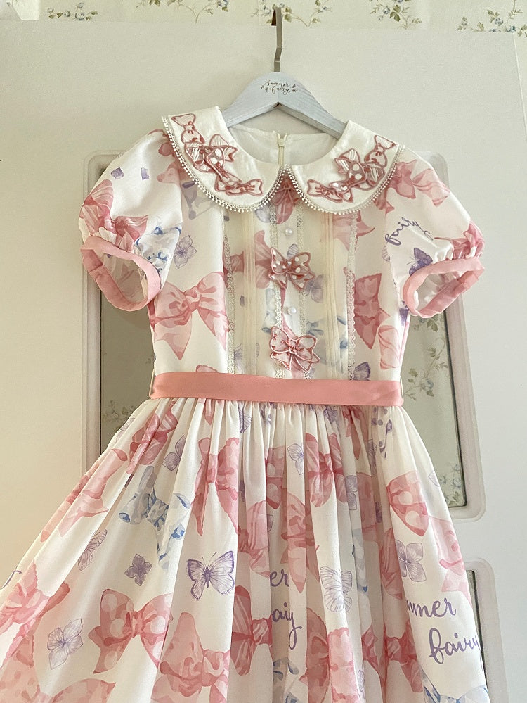 Pink Bowknot Peter Pan Collar Lolita Dress Bows and Butterfly Print One Piece