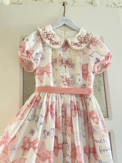 Pink Bowknot Peter Pan Collar Lolita Dress Bows and Butterfly Print One Piece