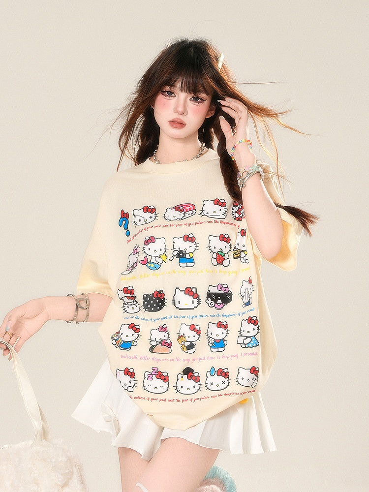 Aprikosenfarbenes, lockeres T-Shirt mit süßem Katzen-Print