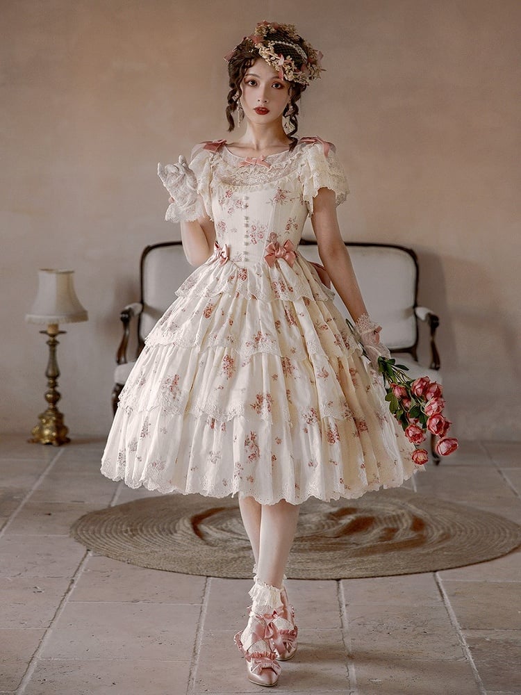 Classic Dresswith Elegant Floral PinkBeige Lolita Print Lace Tiered Bow Accents Ruffle