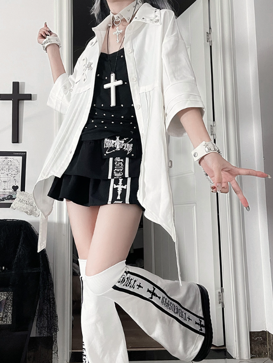 Collar White Shirt Asymmetrical Short-Sleeve Studded Hem with Punk