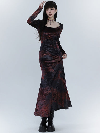 Black & Red Tie Dye Mermaid Skirt Velvet Dress