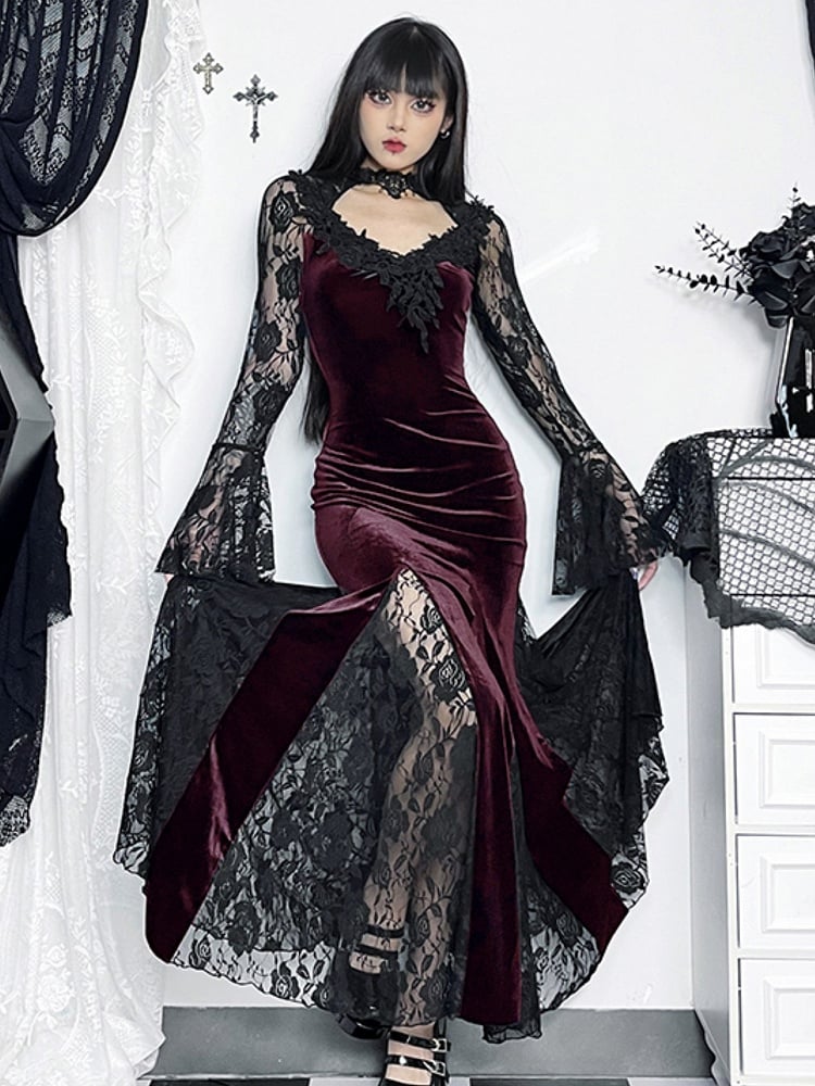 Lace Bell Sleeves Dress Gothic Floral with Dark Halloween Mermaid Black Red