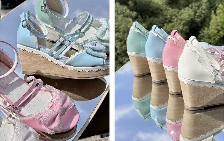 ロリータのスクールオールドホワイトウェッジサンダルボウトップスウィート