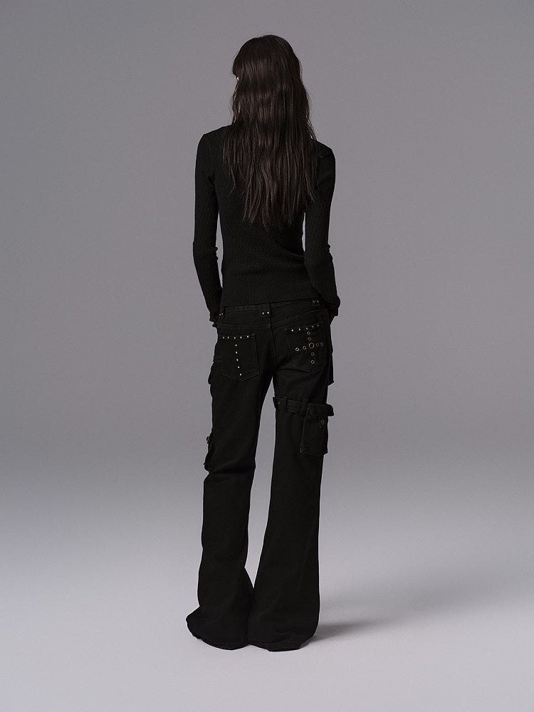 Top Black Ribbed Sleeve Knit Long - Cuffs Slim-fitting Cinching Waist