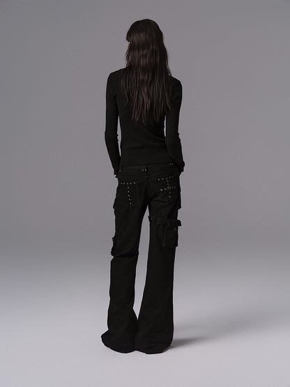 Top Black Ribbed Sleeve Knit Long - Cuffs Slim-fitting Cinching Waist