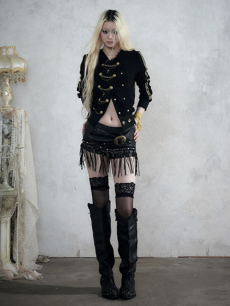 Black & Gold Double-Breasted Hooded Jacket with Chain Embroidery Details, Punk Fashion - NO ROMANCE