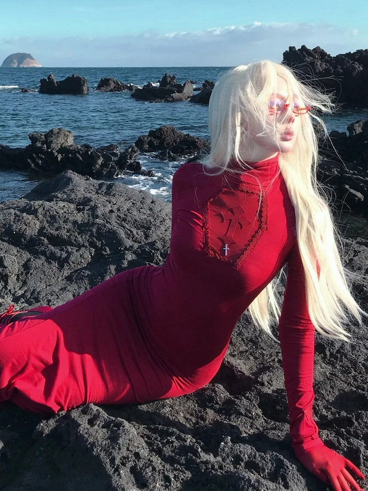 ゴシックレッドコフィンカットアウトクロスディテールハイネックマーメイドスカートマキシドレス