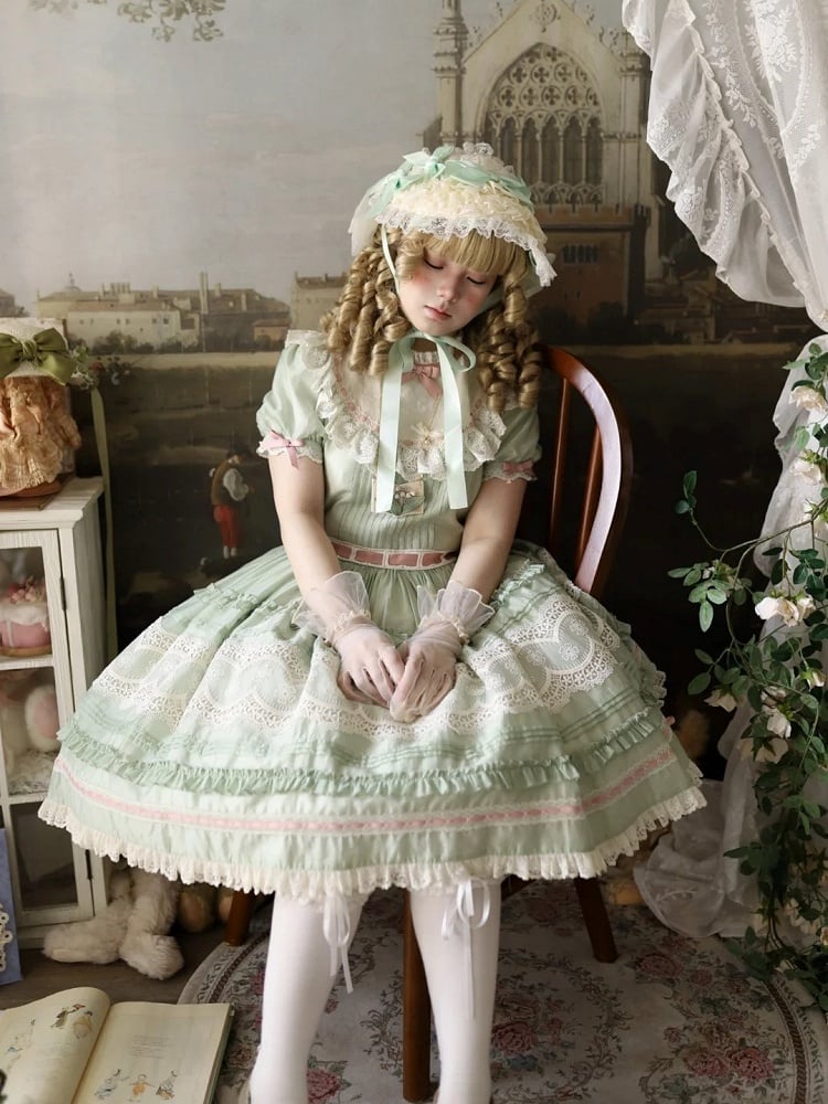Short Green Puff Sleeve Lace Trim Elegant Lolita Dress - Pumpkin Planet