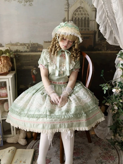 Short Green Puff Sleeve Lace Trim Elegant Lolita Dress - Pumpkin Planet