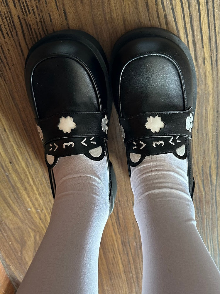 Matte with Leather Mid-heel - Preppy Black Loafers PU Cat Ears Style