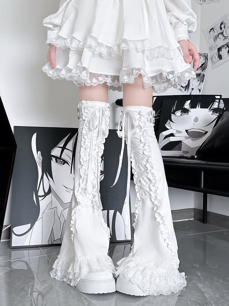 Black & White/White Subculture Lace Trim Strappy Design Leg Warmers with Buckle Decorations