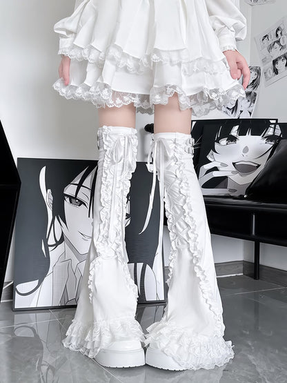 Black & White/White Subculture Lace Trim Strappy Design Leg Warmers with Buckle Decorations