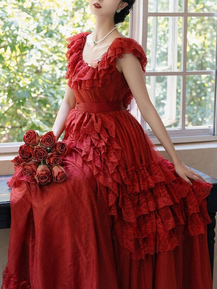 Wine Red/Pink Vintage Lace Ruffle Trim Off-the-shoulder Neckline  Dress