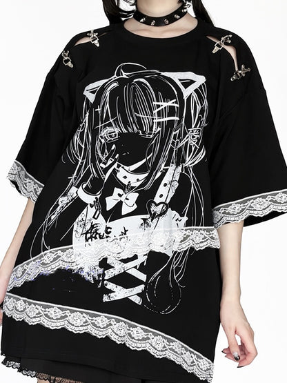 and Fastener Shoulder Anime Girl Graphic T-Shirt Black Decorative Black White / with Lace Embellishment Purple