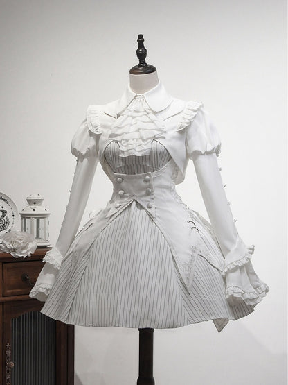 White Striped Pattern Lolita Dress + Waistcoat + Cropped Top Full Set