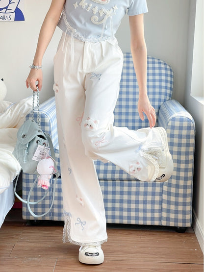White Straight-Leg Pants Plush Kitty Appliques Bow Embroidery Regular/Short Version