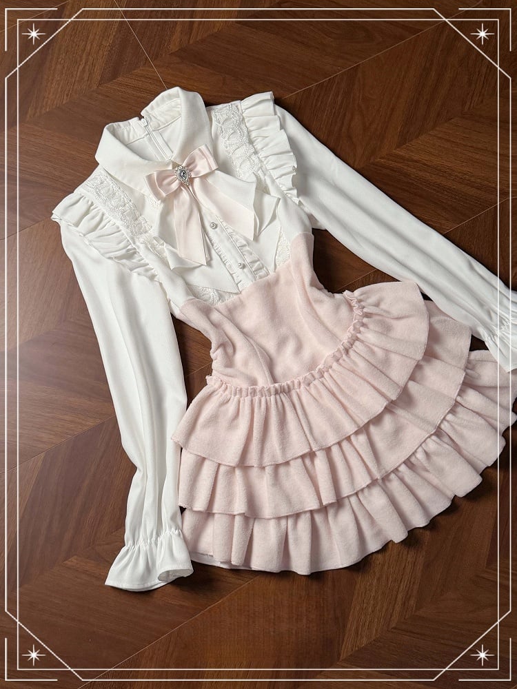 Style Two-Piece Pink Cape Ruffled Bow Jirai + Kei Design Pure Fake Dress
