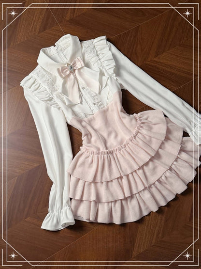Style Two-Piece Pink Cape Ruffled Bow Jirai + Kei Design Pure Fake Dress