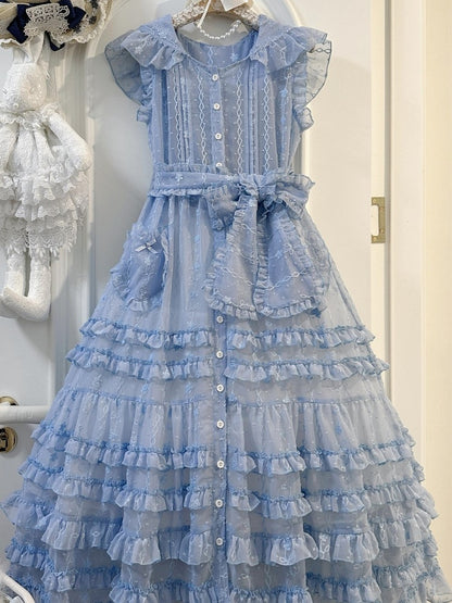 Ear Bunny Floral Ruffled with Blue Hood Lolita Pattern Overdress