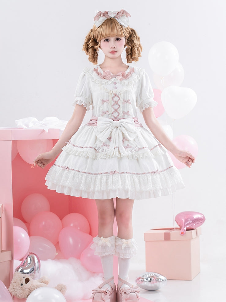 Hime Pink und Peter Pan Kragen Stufenrock Balletcore Lolita Kleid Weiß OP