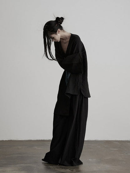 Asymmetric V-Neck Long Sleeve Top with Figure Print - INDULGE