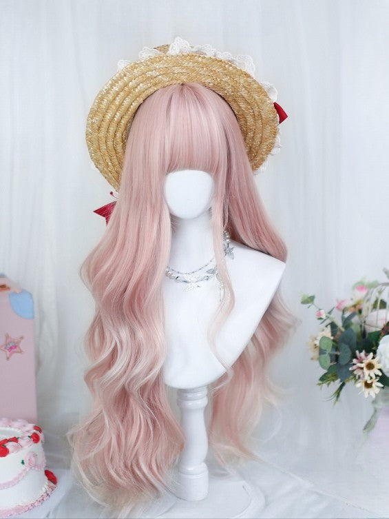 長さ75-80CMのピンクウェーブフル前髪ウィッグ
