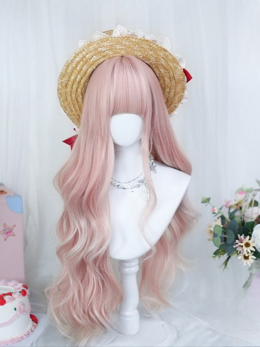 長さ75-80CMのピンクウェーブフル前髪ウィッグ