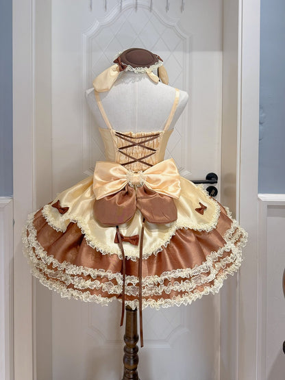 Fluffy Lolita Dress with Yellow Bow Waist Brown Sweet Basque Accents