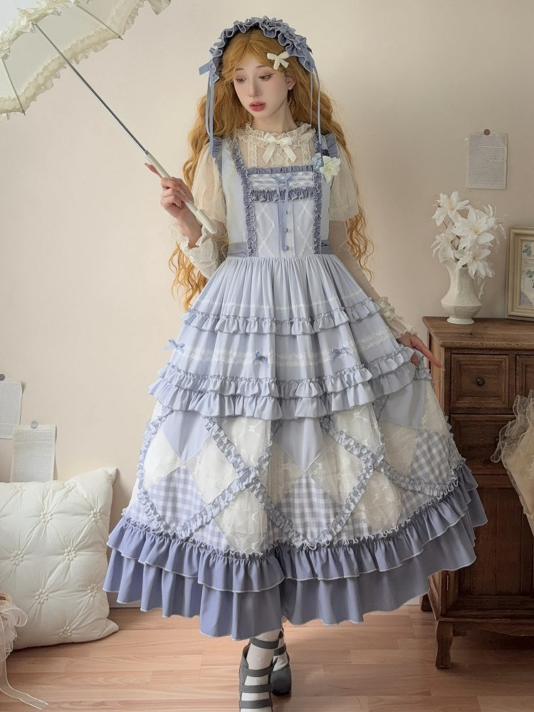 Lässiges Lolita-Kleid mit blauem Gingham-Muster und floralen Spitzenaufnähern