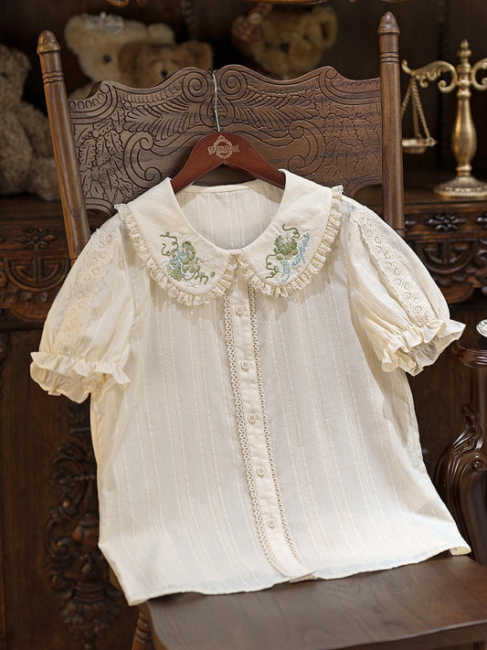 Green Grape Embroidery Collar Cream Short Sleeve Top - Dream Magic Box