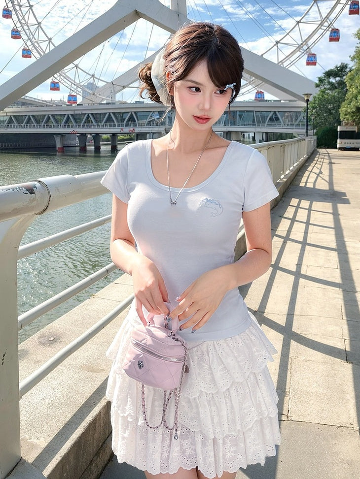 Dolphin-shaped Cutout Back Blue Scoop Neckline T-shirt