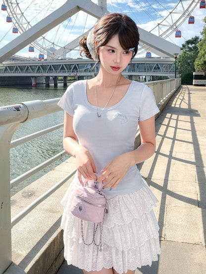 Dolphin-shaped Cutout Back Blue Scoop Neckline T-shirt