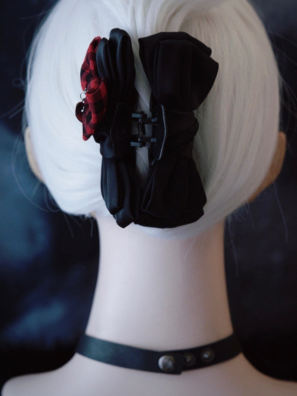 Pattern Claw Clip Red With Plaid Black Bowknot
