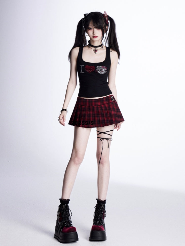Waist Mini Black Pleated Skirt Red Plaid Low Glamorous