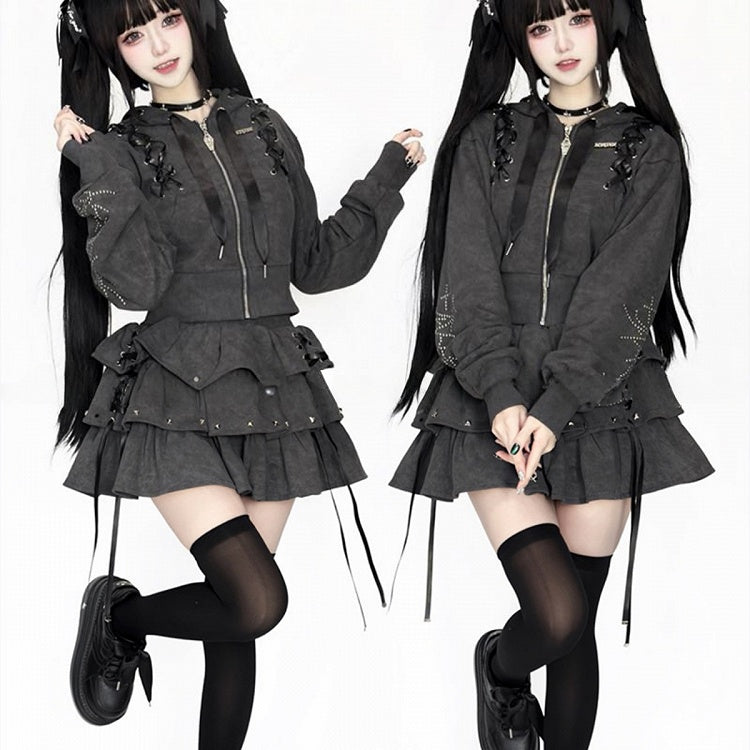 with Gray Studs Skirt Multi-Layer Cross-Decorated Kei Lace-Up Jirai Dark