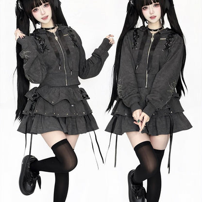 with Gray Studs Skirt Multi-Layer Cross-Decorated Kei Lace-Up Jirai Dark