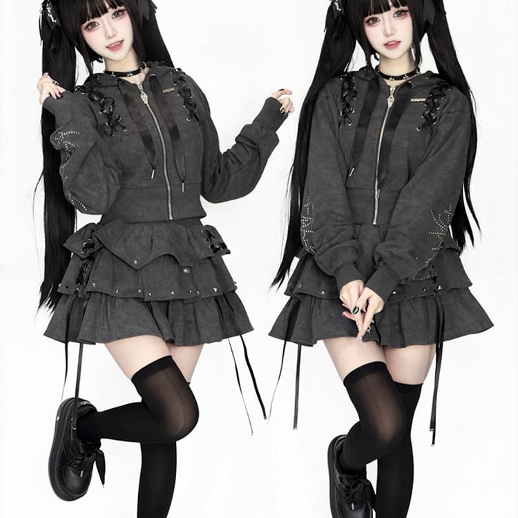 Gray Jirai Kei Stud-Decorated Hoodie Dark Lace-Up